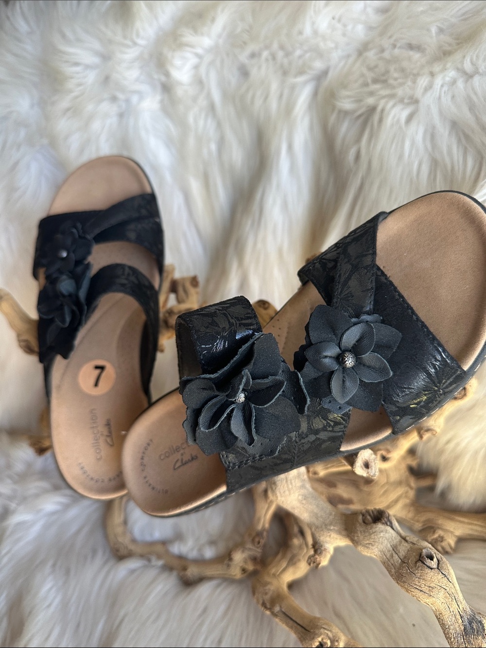 Clarks Black Floral Double-Band Slide Sandals